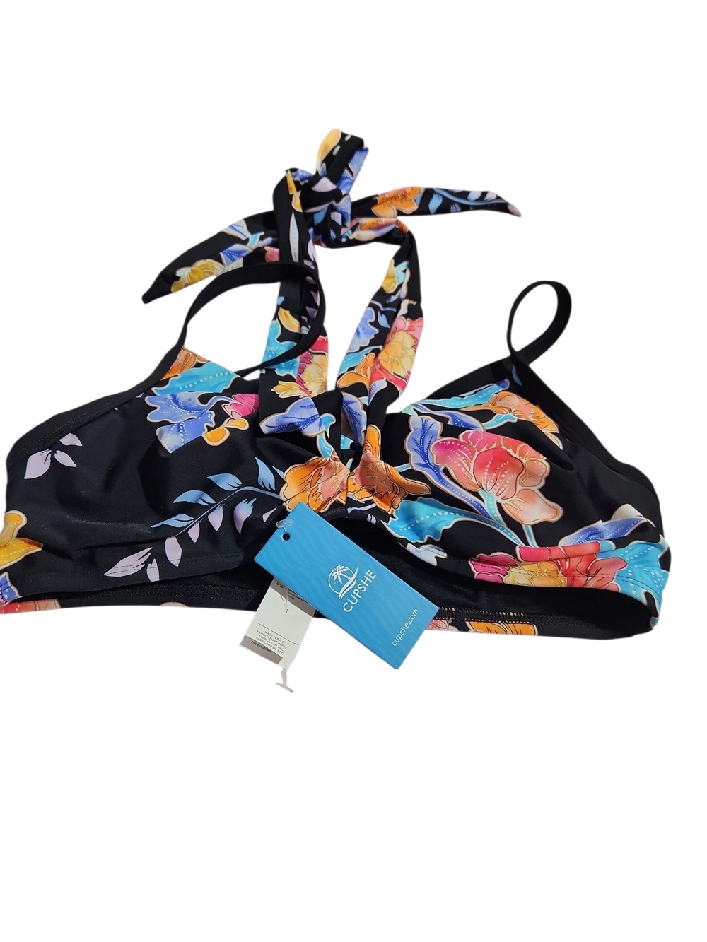 CUPSHE Black Floral Halter Bikini Top - Blue, Orange, Pink